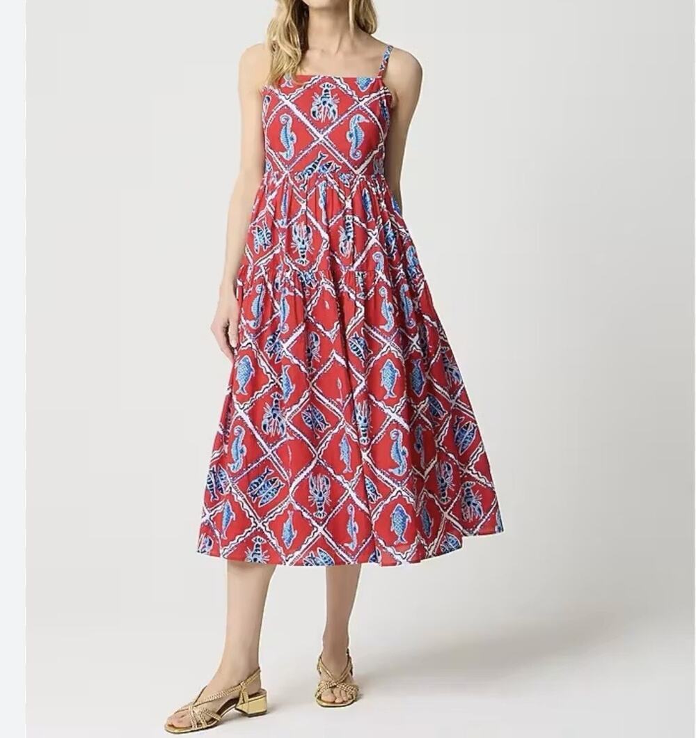 J.CREW Dress Womens 12 Red Sea Life Cotton Midi Sundress Lobster Print